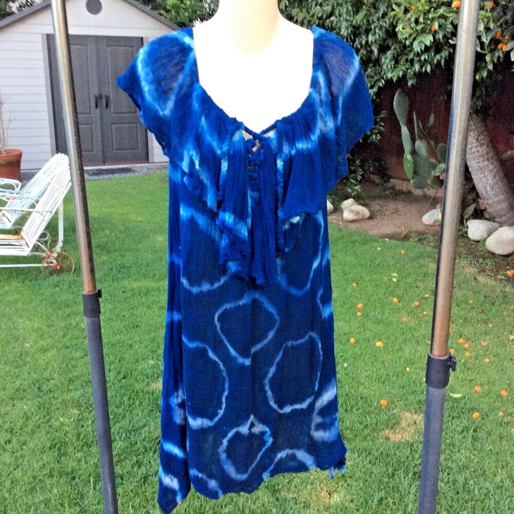 JEN'S PIRATE BOOTY INDIGO GAUZE TIE DYE ON/OFF SHOULDER DRESS-NEW-XS